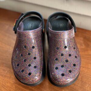 transparent irredscent glitter violet croc platform bae- queer pride collectible